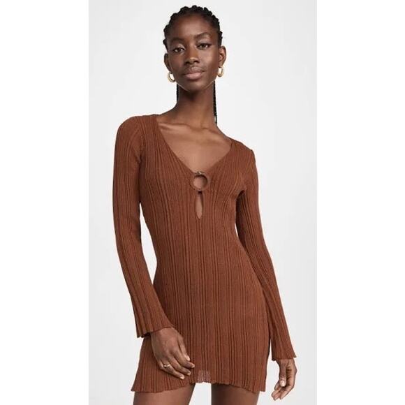 L*Space Wailea Brown Ribbed Long Sleeve O-Ring Beach Coverup Mini Dress Size S - Picture 1 of 11